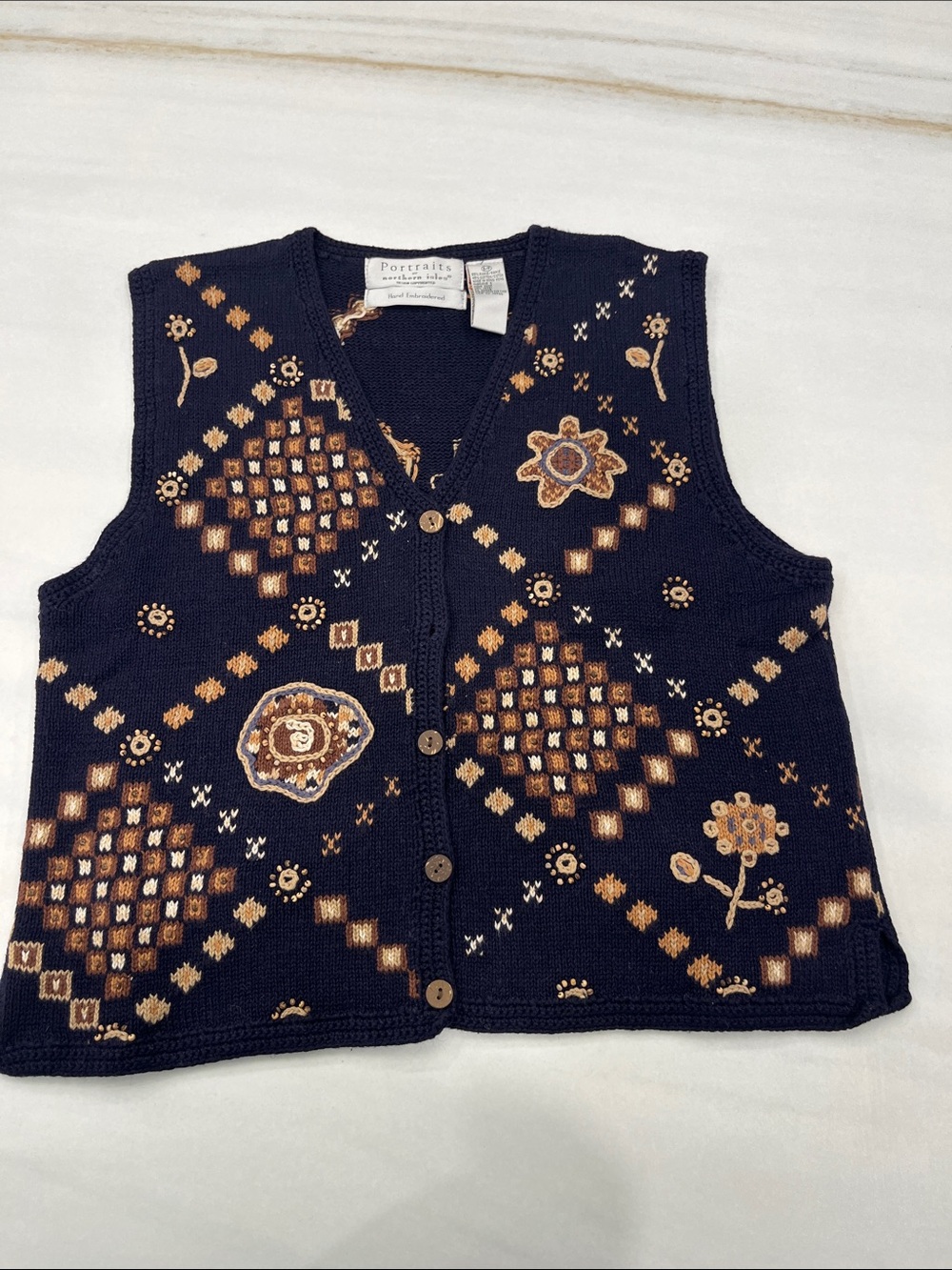 Portraits Navy Embroidered Button Front Sweater Vest